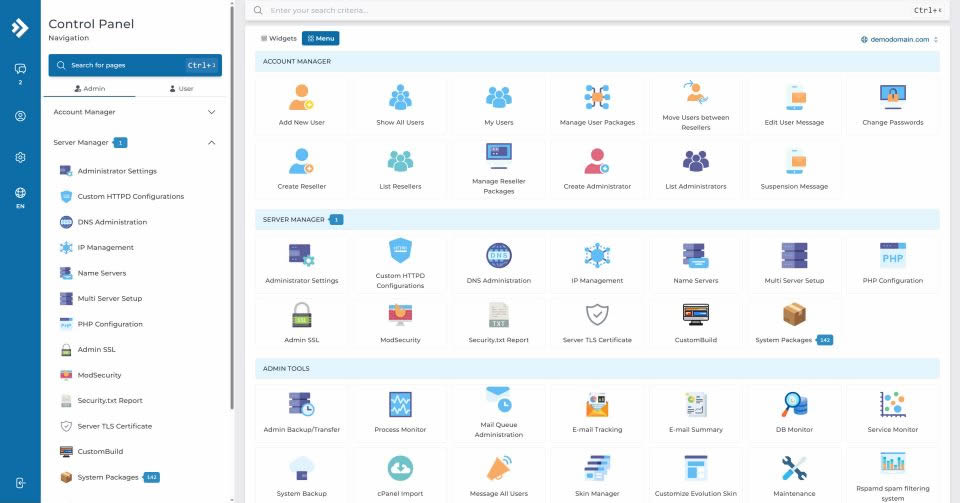 DirectAdmin control panel dashboard showing account manager, server manager and admin tools